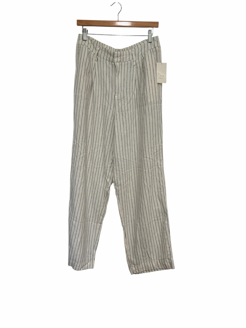 Striped Linen-Blend Womens Pants - Cream with Black Pinstripes NWT